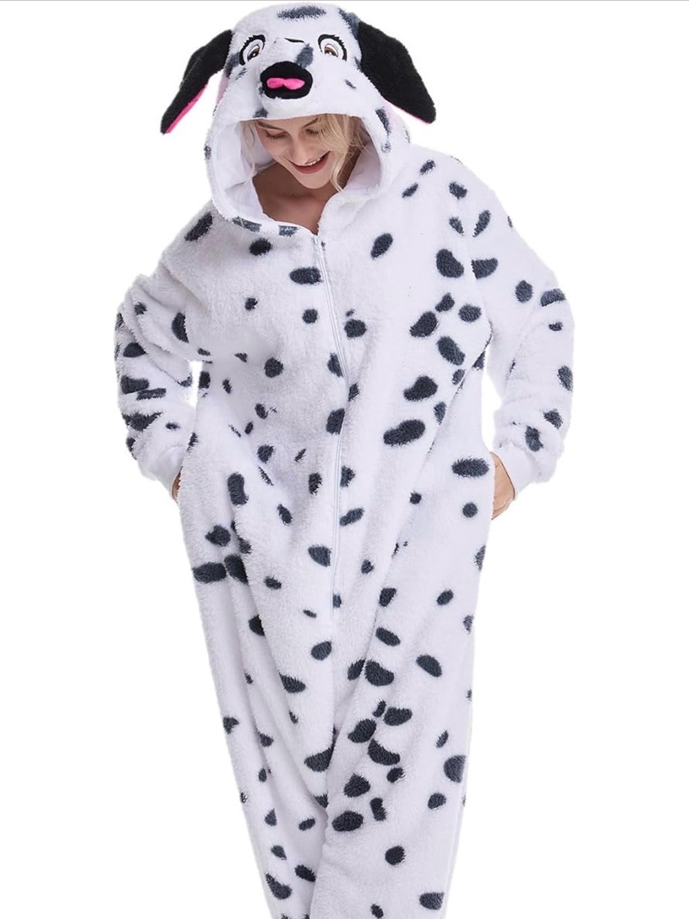 Adult Small Dalmatian Spot Hooded Costume- White and Black.